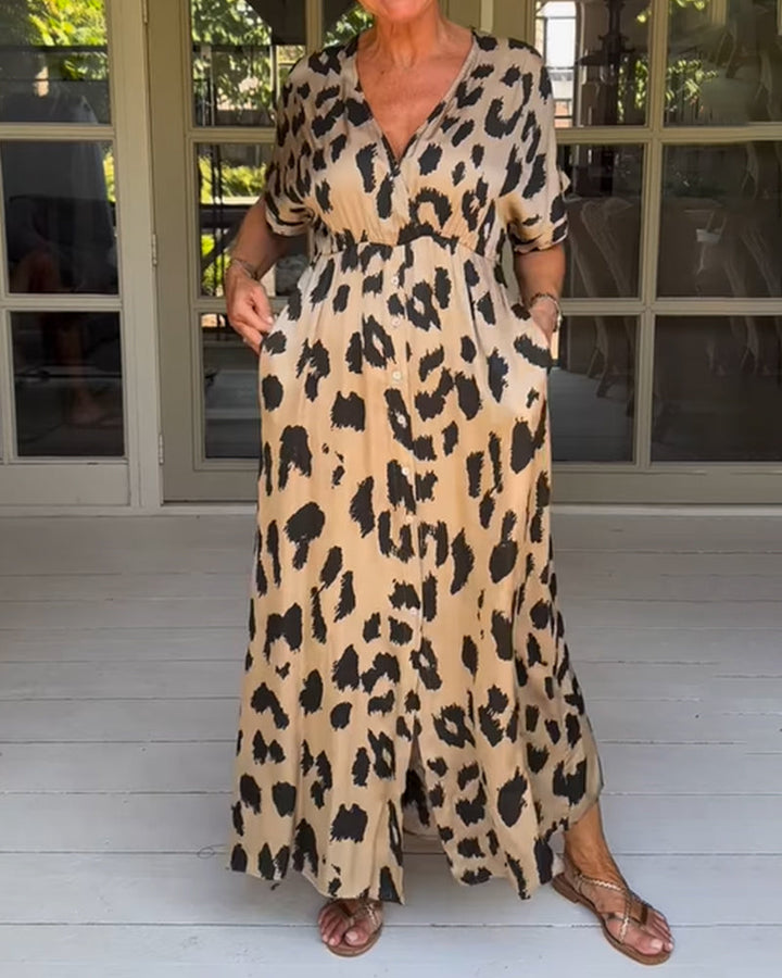 Savina – Kaki Zomerjurk met Luipaardprint & Zakken