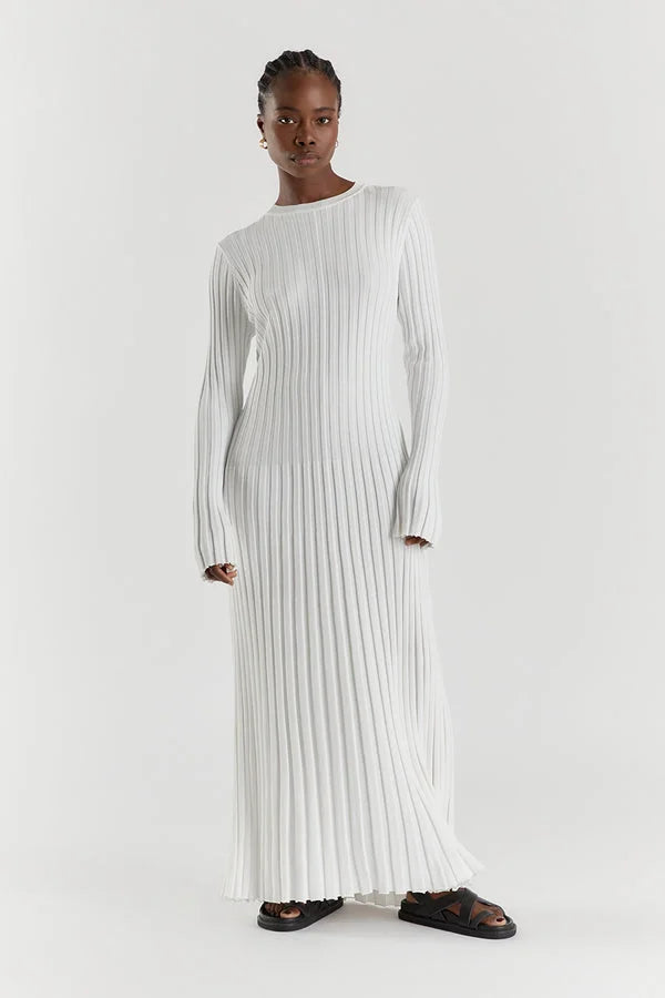 Elara – Gebreide Midi Jurk met Lange Mouwen