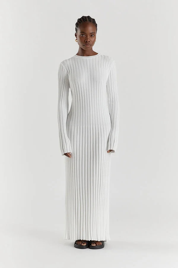 Elara – Gebreide Midi Jurk met Lange Mouwen