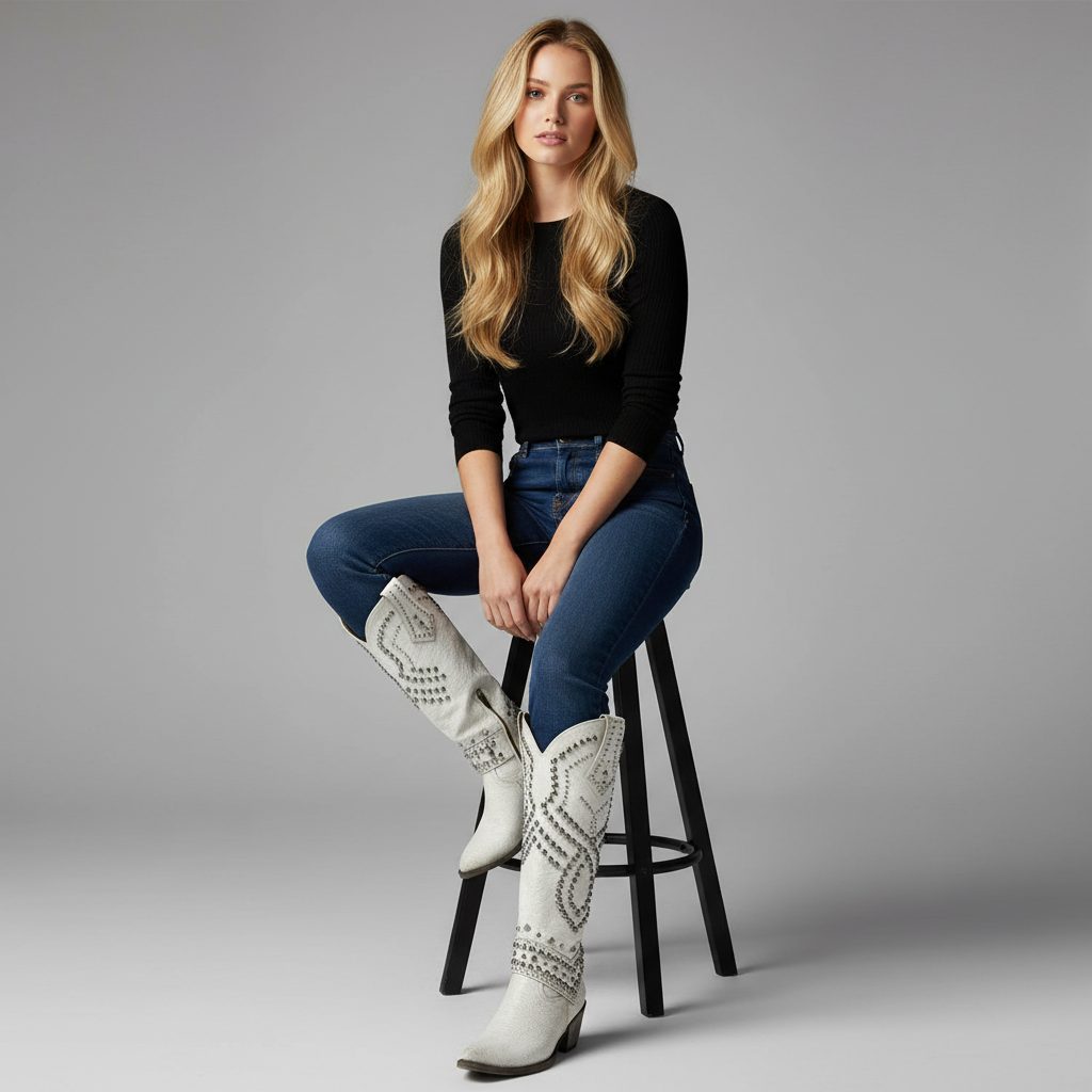 Westerse dames kniehoge laarzen met elegante hak en trendy look