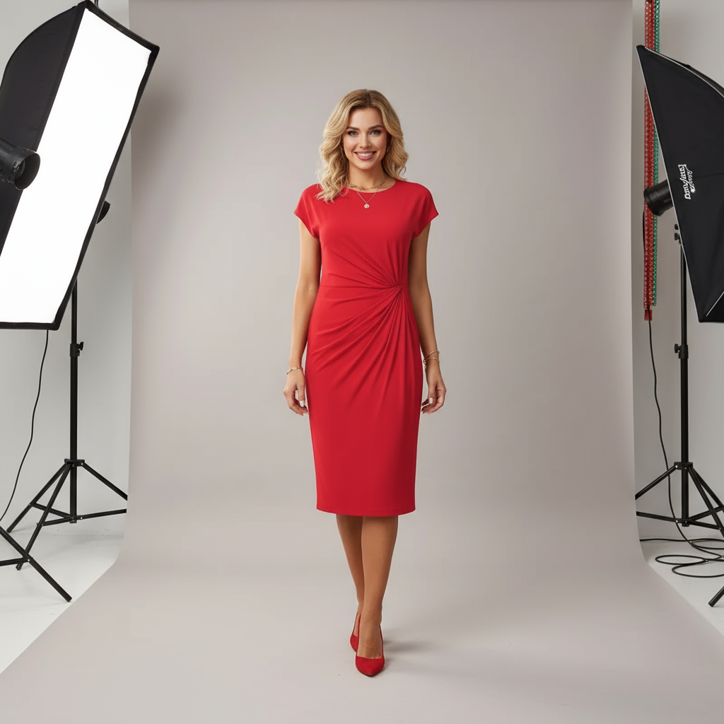 Elegante dames midi jurk met ronde hals en vloeiende pasvorm