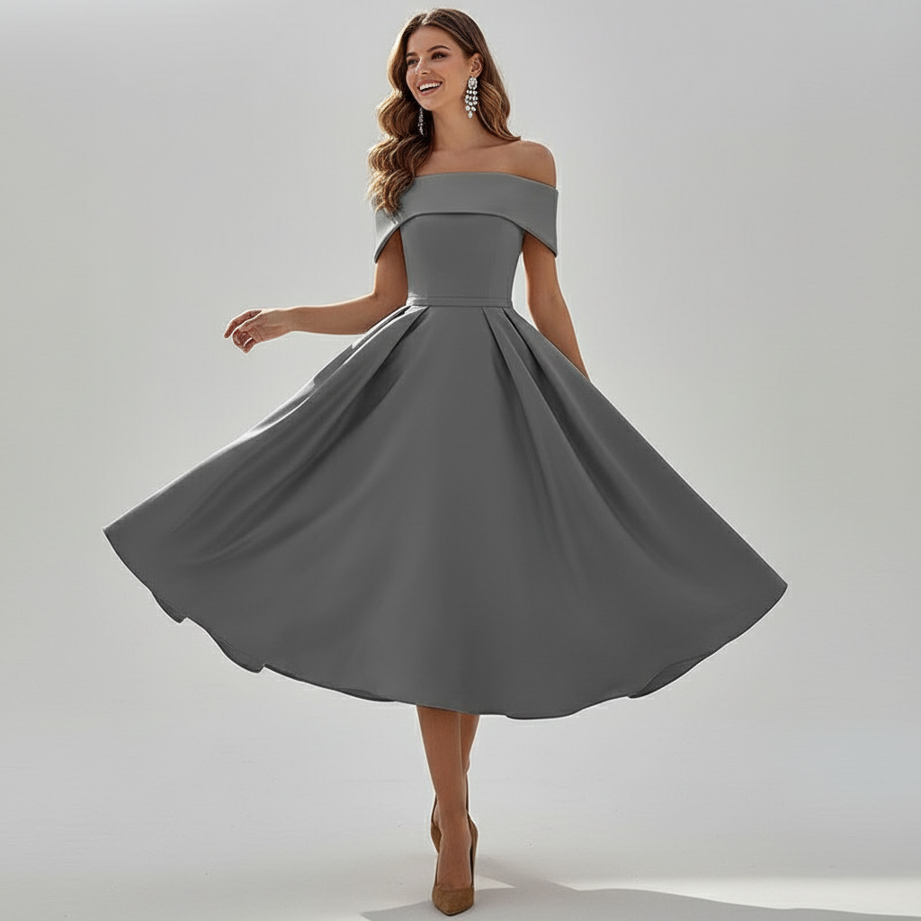 Dames off-shoulder avondjurk met elegante vloeiende pasvorm