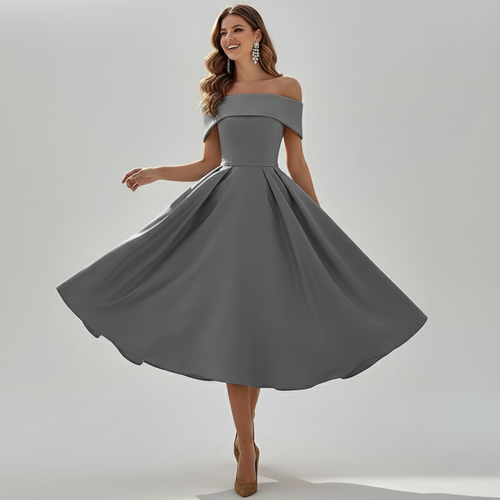 Dames off-shoulder avondjurk met elegante vloeiende pasvorm
