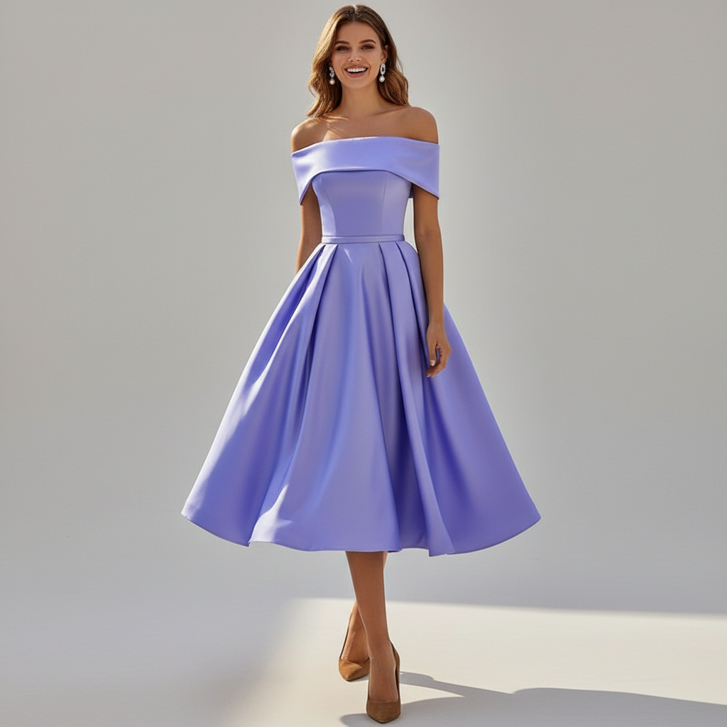 Dames off-shoulder avondjurk met elegante vloeiende pasvorm