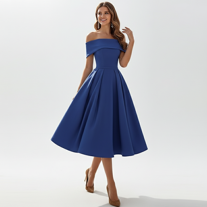 Dames off-shoulder avondjurk met elegante vloeiende pasvorm