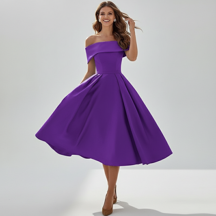 Dames off-shoulder avondjurk met elegante vloeiende pasvorm