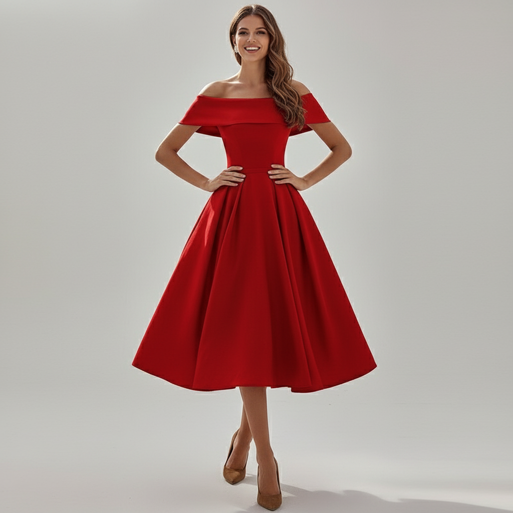 Dames off-shoulder avondjurk met elegante vloeiende pasvorm