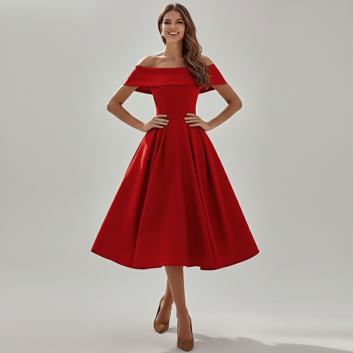 Dames off-shoulder avondjurk met elegante vloeiende pasvorm