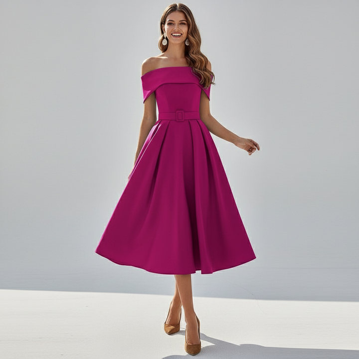Dames off-shoulder avondjurk met elegante vloeiende pasvorm