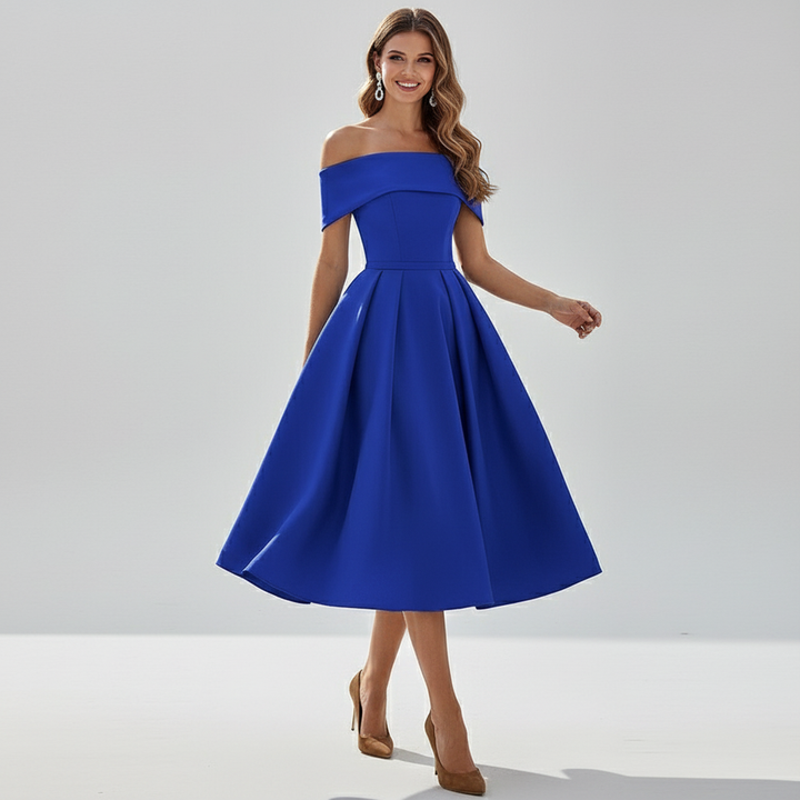 Dames off-shoulder avondjurk met elegante vloeiende pasvorm