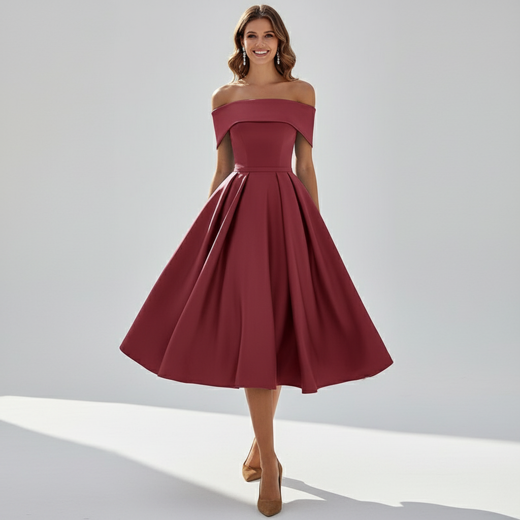 Dames off-shoulder avondjurk met elegante vloeiende pasvorm