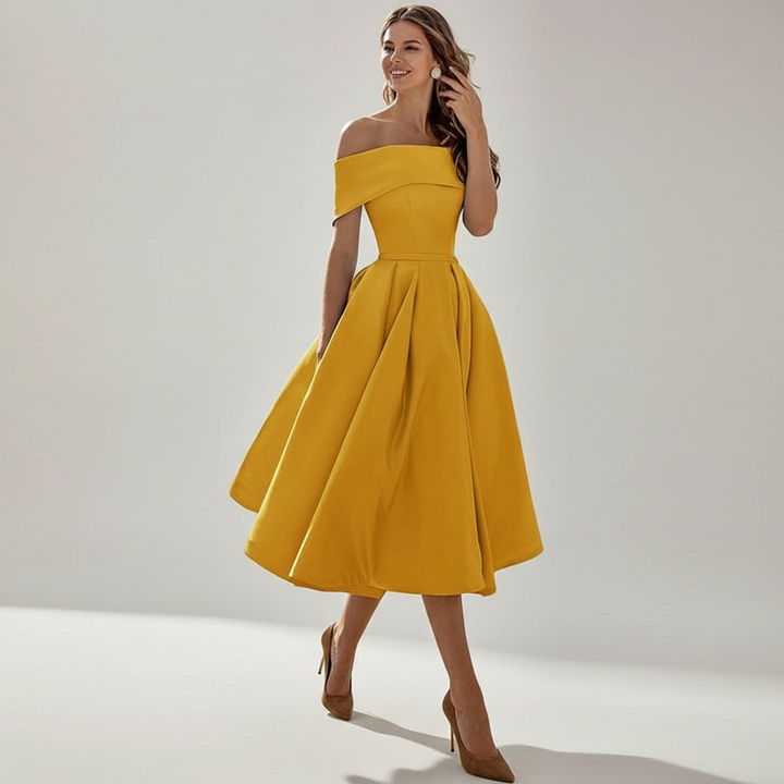 Dames off-shoulder avondjurk met elegante vloeiende pasvorm