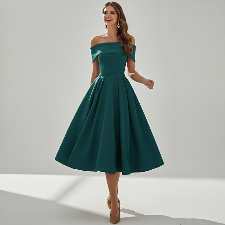 Dames off-shoulder avondjurk met elegante vloeiende pasvorm