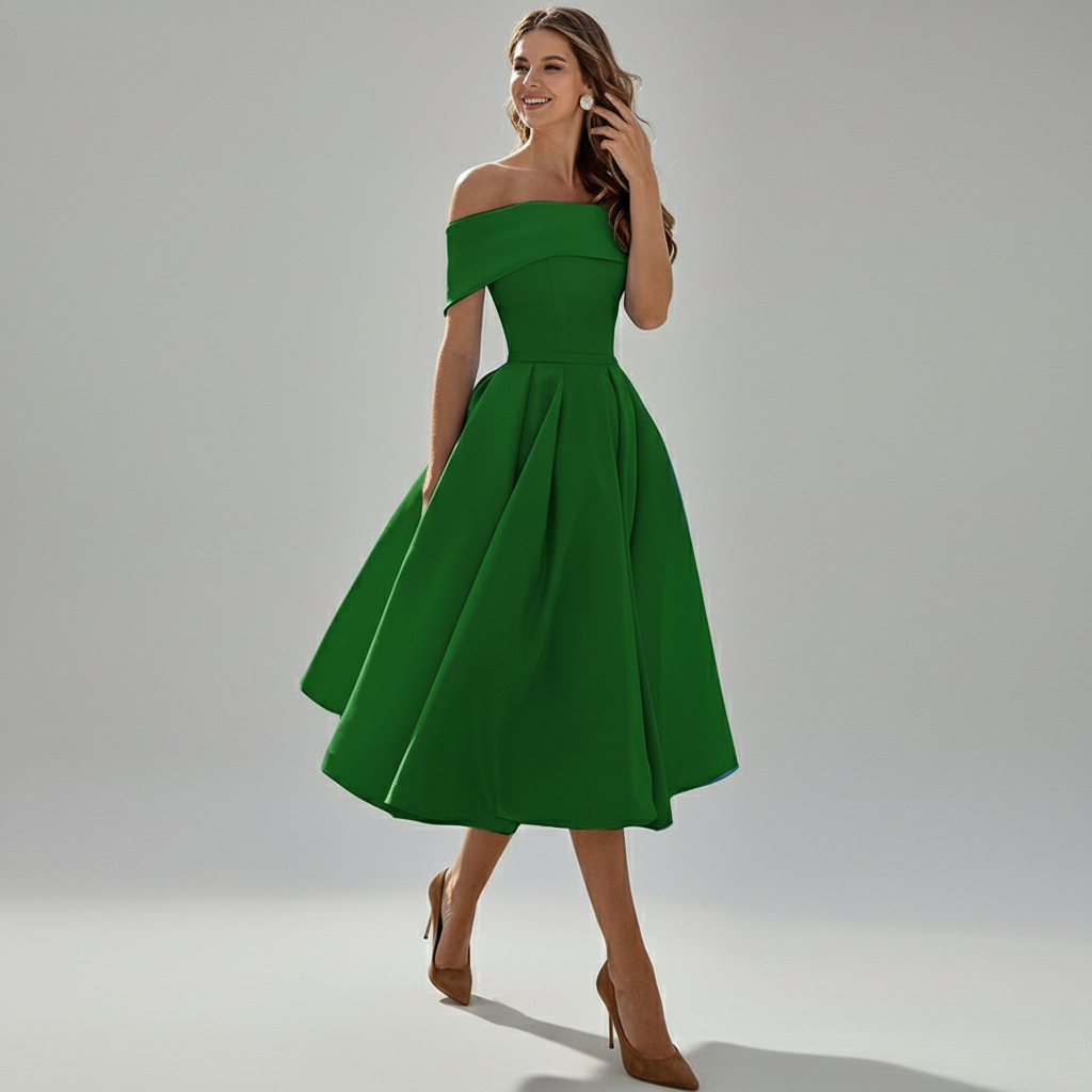 Dames off-shoulder avondjurk met elegante vloeiende pasvorm