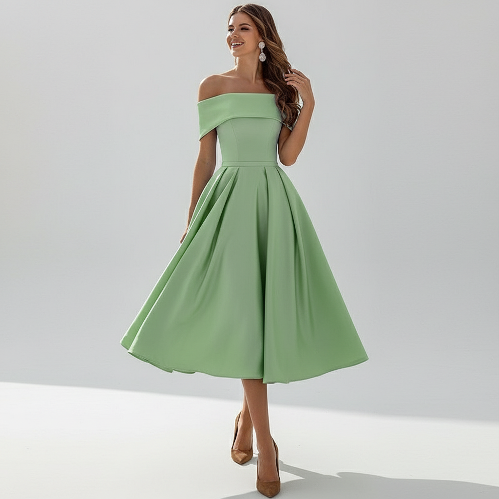 Dames off-shoulder avondjurk met elegante vloeiende pasvorm