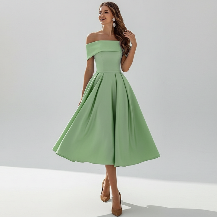 Dames off-shoulder avondjurk met elegante vloeiende pasvorm