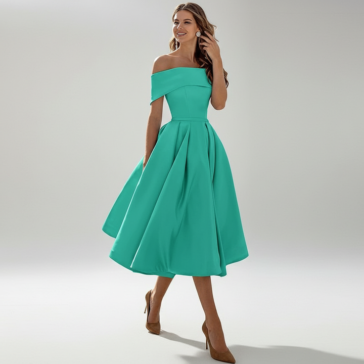 Dames off-shoulder avondjurk met elegante vloeiende pasvorm