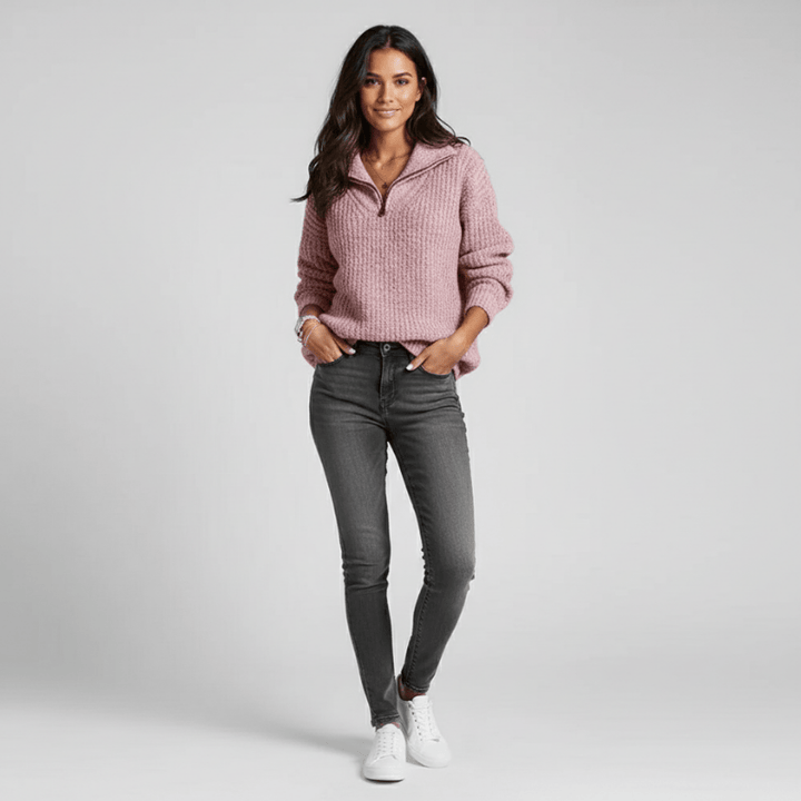Odette damestrui met halve rits van Lenoriva – zachte en stijlvolle gebreide trui voor vrouwen