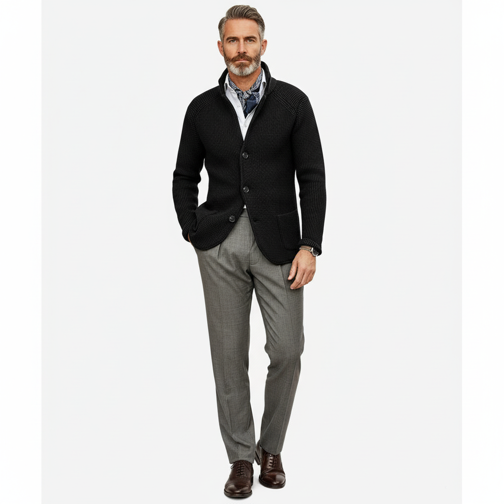 Gebreide blazer met zakken – elegant herenmode outfit.