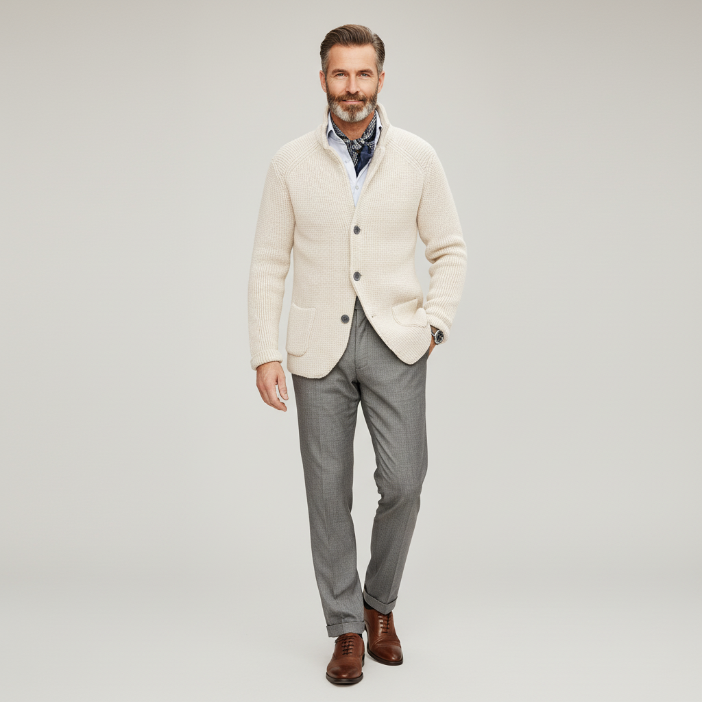 Gebreide blazer met zakken – elegant herenmode outfit.