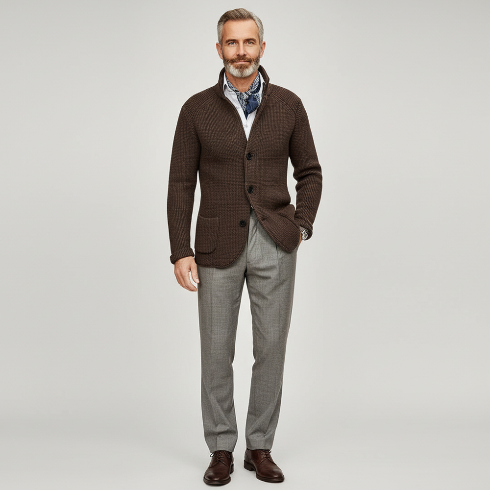 Gebreide blazer met zakken – elegant herenmode outfit.