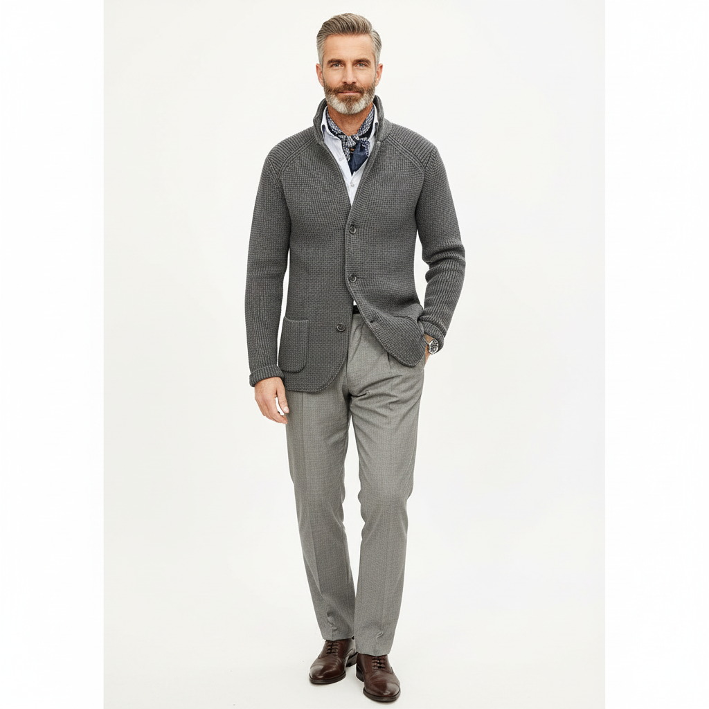 Gebreide blazer met zakken – elegant herenmode outfit.