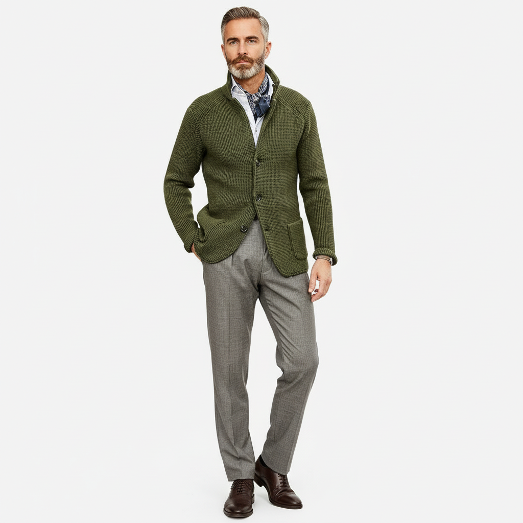 Gebreide blazer met zakken – elegant herenmode outfit.