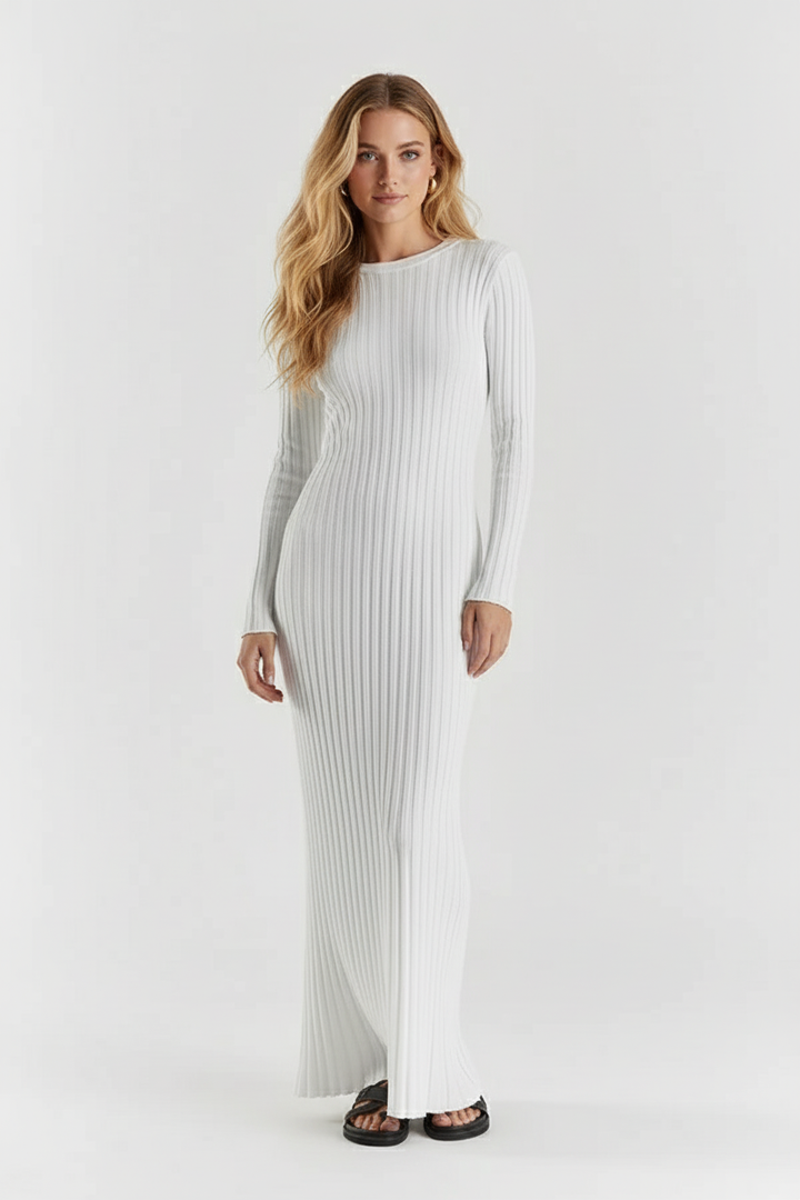 Elara – Gebreide Midi Jurk met Lange Mouwen