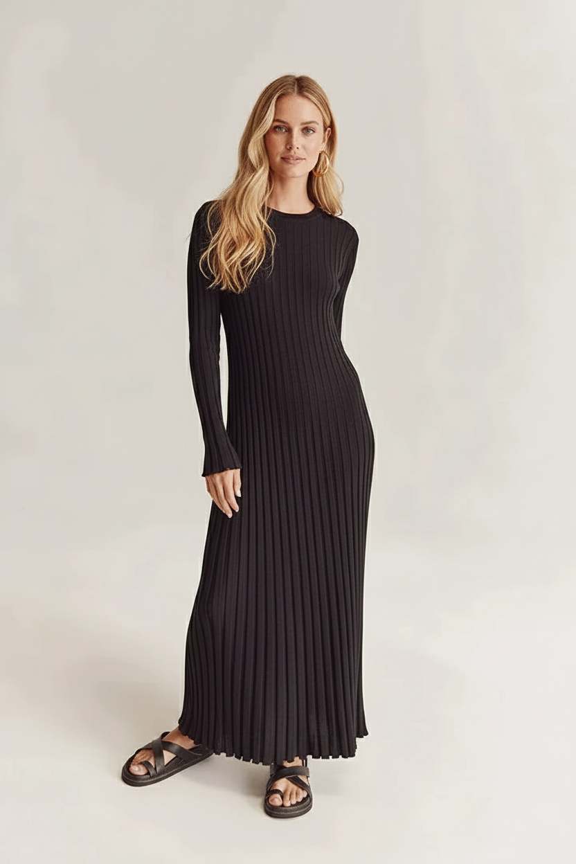 Elara – Gebreide Midi Jurk met Lange Mouwen
