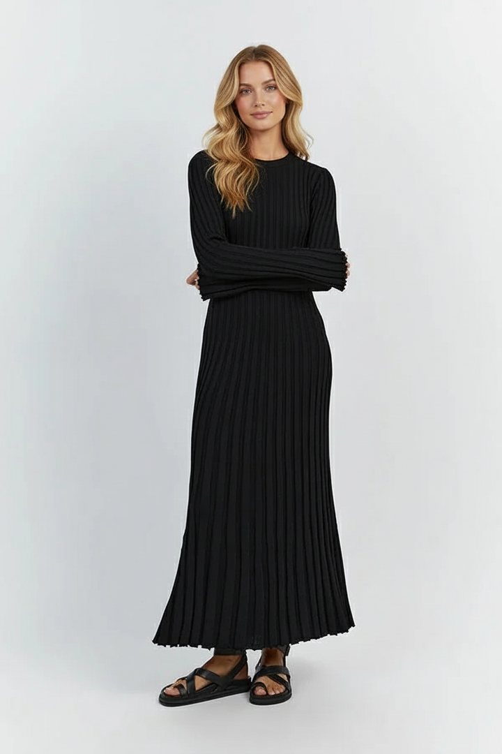 Elara – Gebreide Midi Jurk met Lange Mouwen