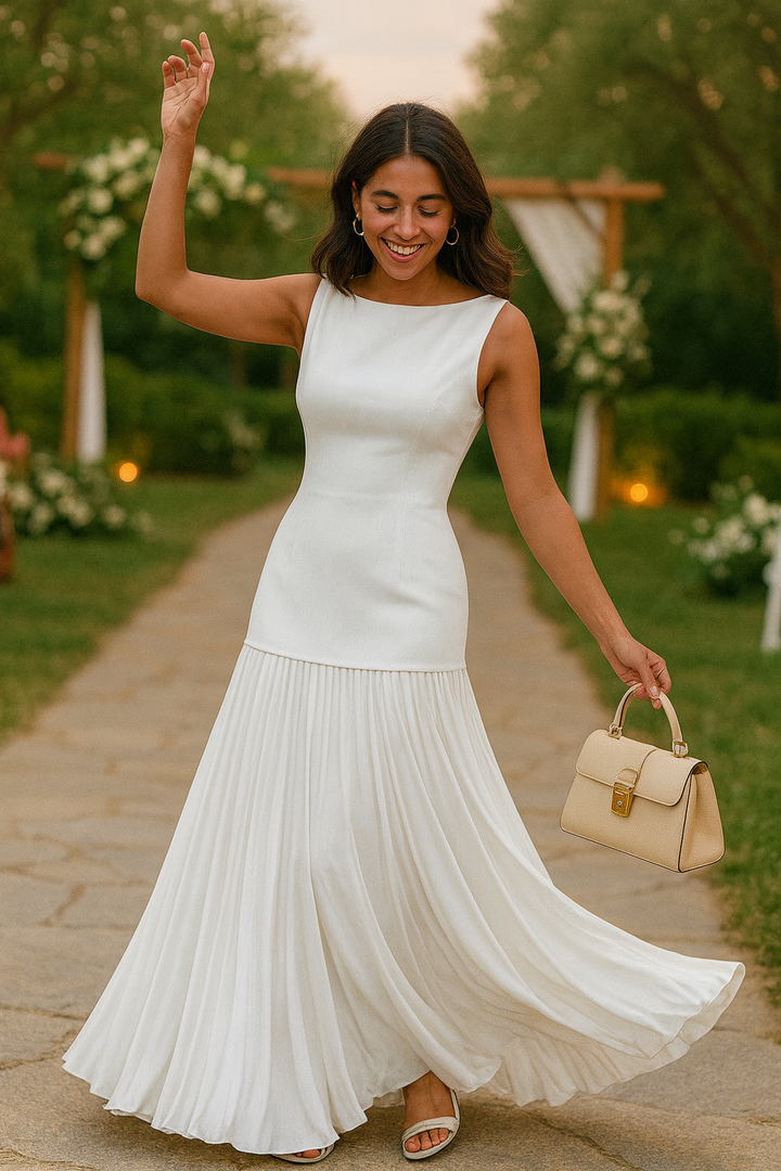 Luxe witte maxi jurk met plissé rok, gedragen op feest bij Lenoriva