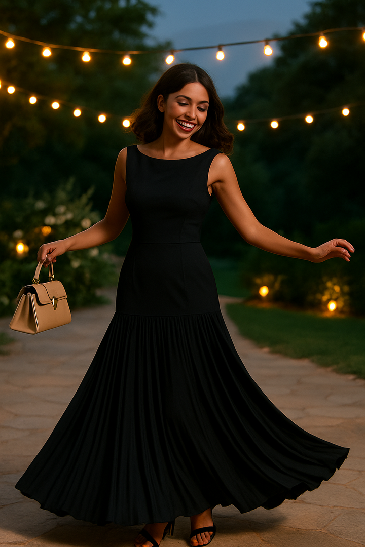 Luxe zwarte maxi jurk met plissé rok