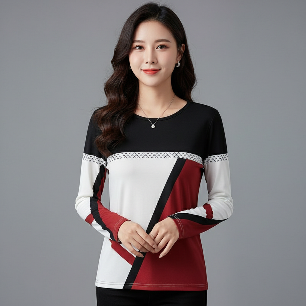 Dames T-shirt met lange mouwen en contrastdetails, stijlvol en comfortabel