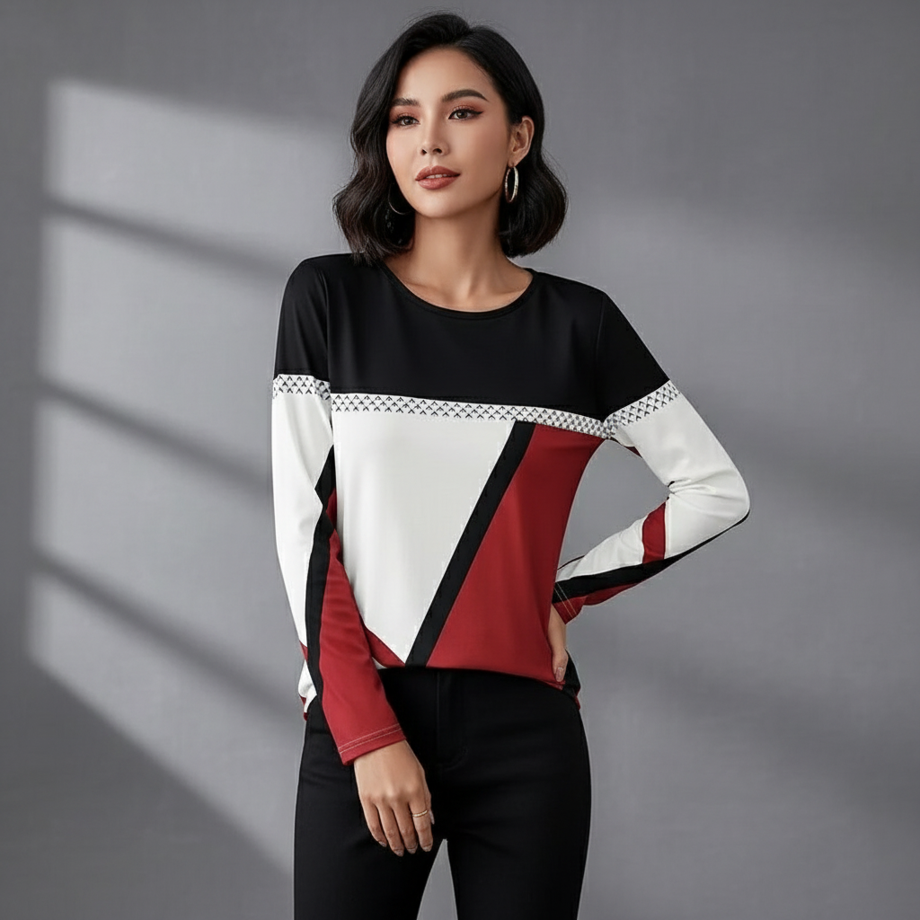Dames T-shirt met lange mouwen en contrastdetails, stijlvol en comfortabel