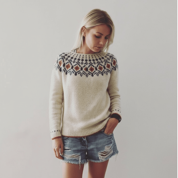Noémie geometrische damestrui met grof breipatroon van Lenoriva – luxe gebreide trui met modern design