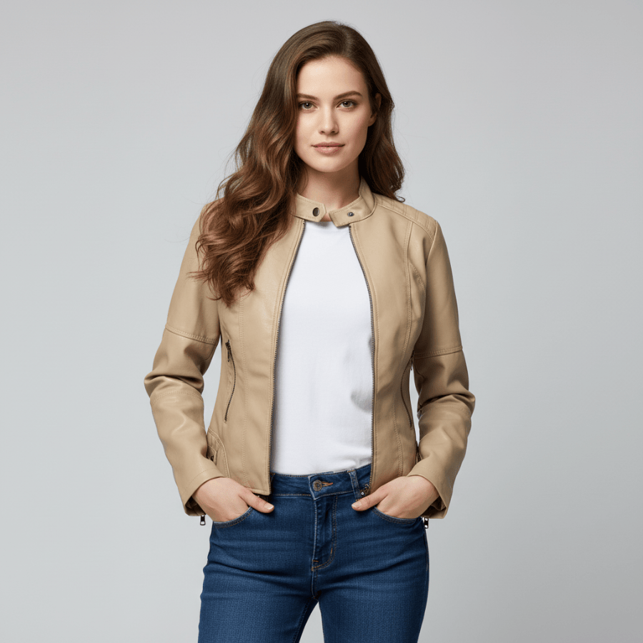 Leren damesjas met mandarijnkraag en elegante pasvorm