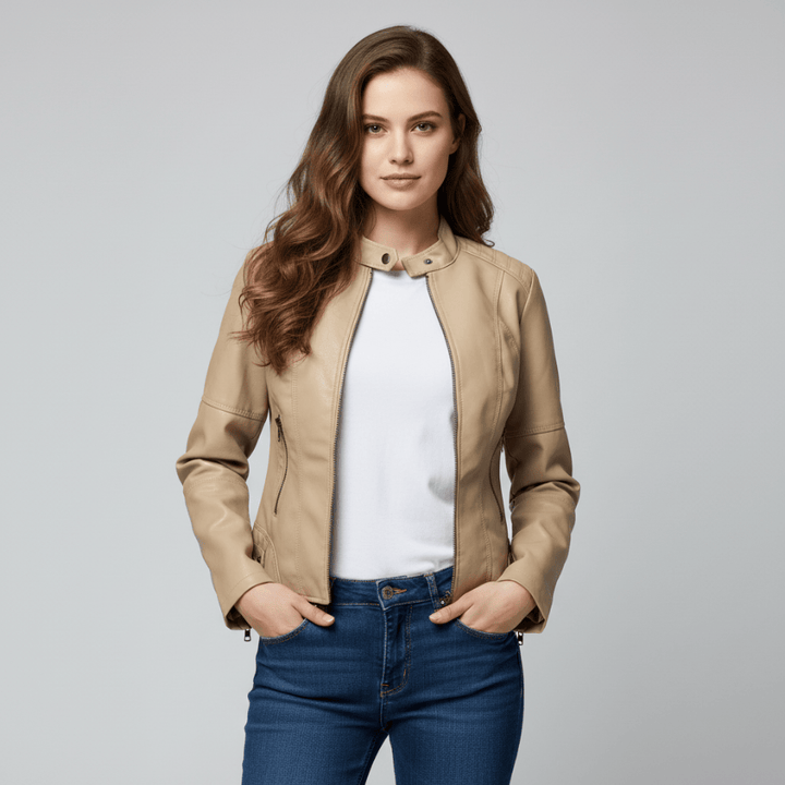 Leren damesjas met mandarijnkraag en elegante pasvorm