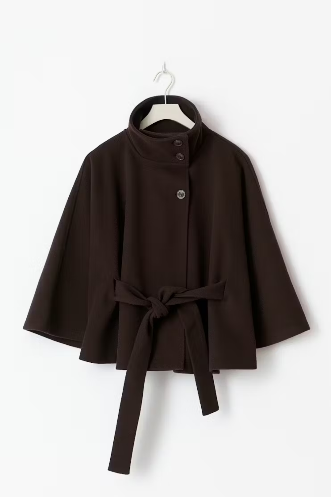 Elegante  damescapejas met wijde mouwen, hoge kraag en riem – stijlvolle winterjas voor een moderne en tijdloze look