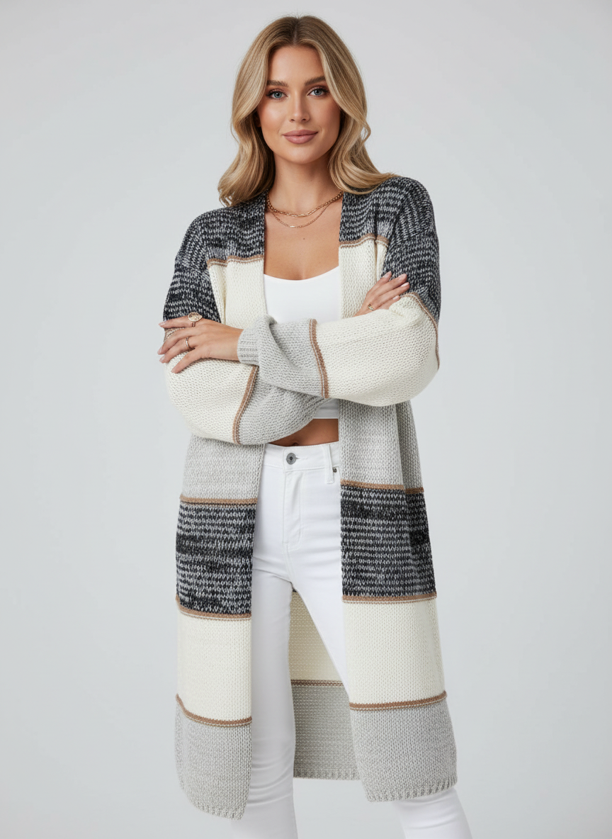 longline open-front striped wool blend cardigan for women, cozy and elegant everyday wear