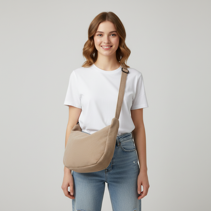 Dames corduroy schoudertas met artistiek design
