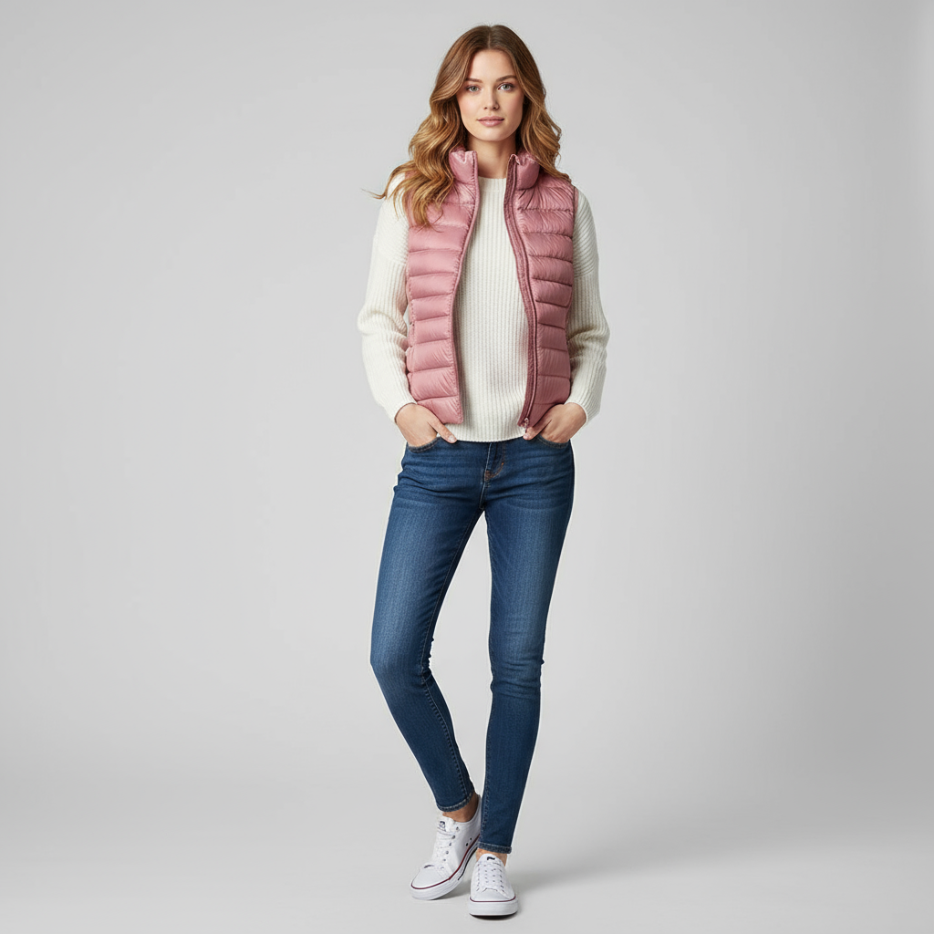 Elegante lichtgewicht dames donsvest met vrouwelijke pasvorm en zachte stof