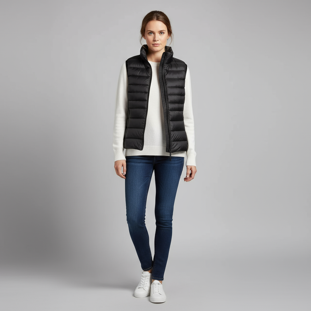 Elegante lichtgewicht dames donsvest met vrouwelijke pasvorm en zachte stof