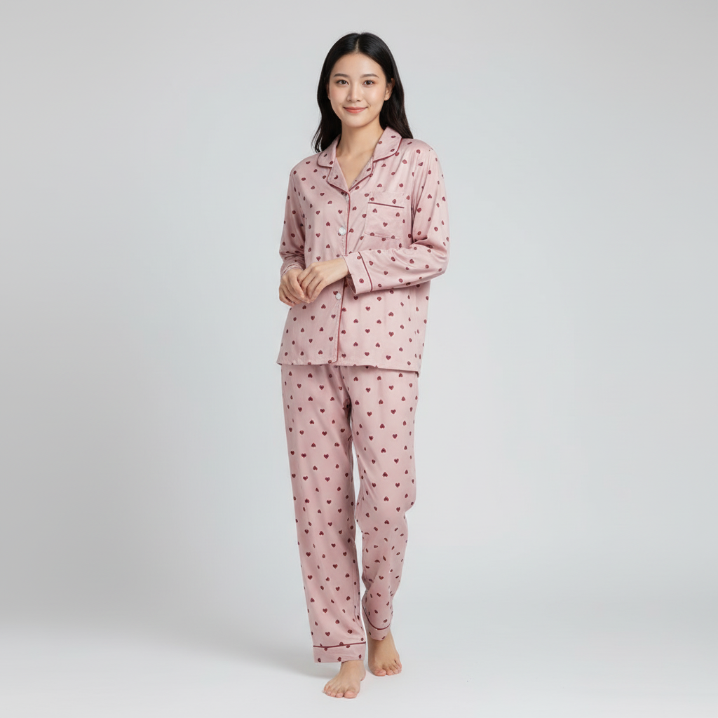 Dames pyjamaset met hartjespatroon in zacht materiaal