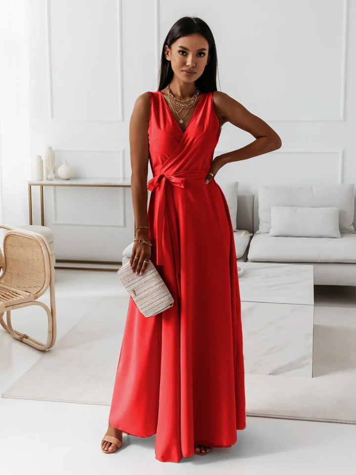 Effen dames maxi-jurk met diepe V-hals en elegant design