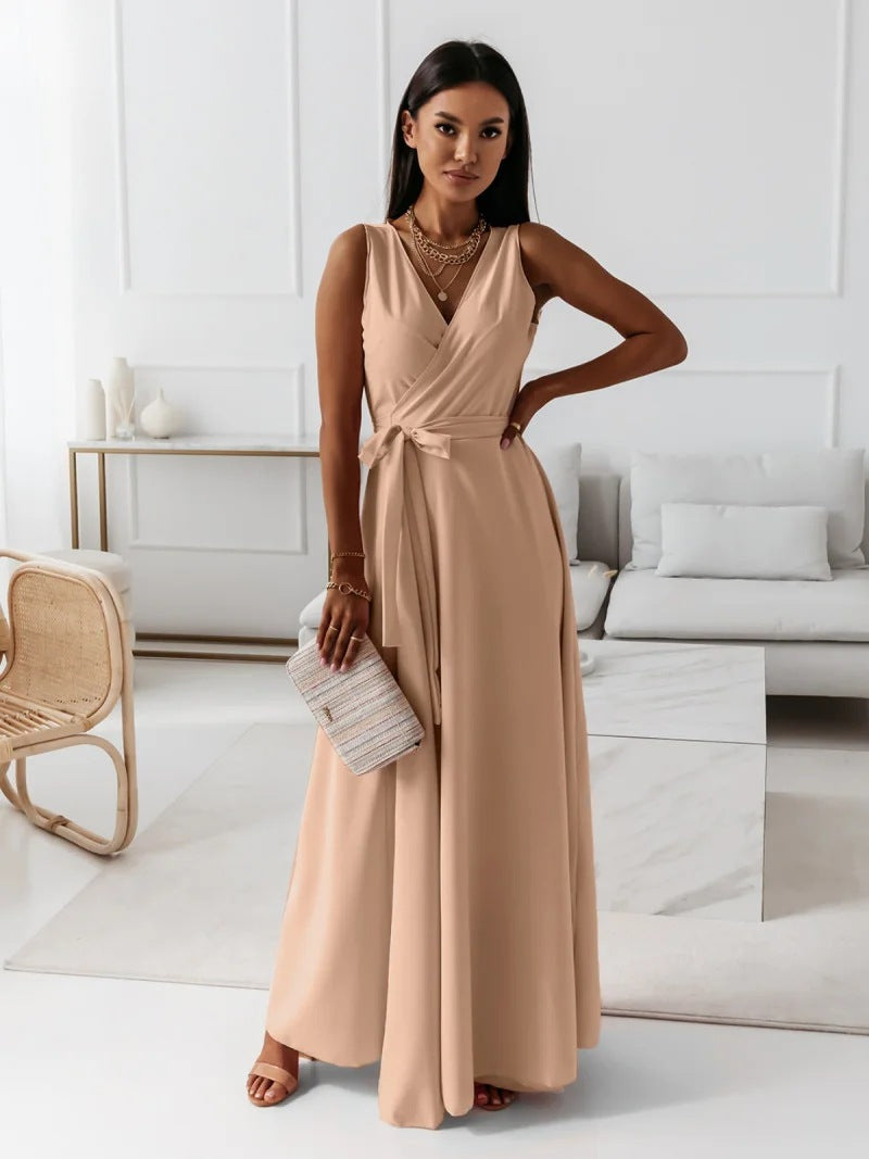 Effen dames maxi-jurk met diepe V-hals en elegant design