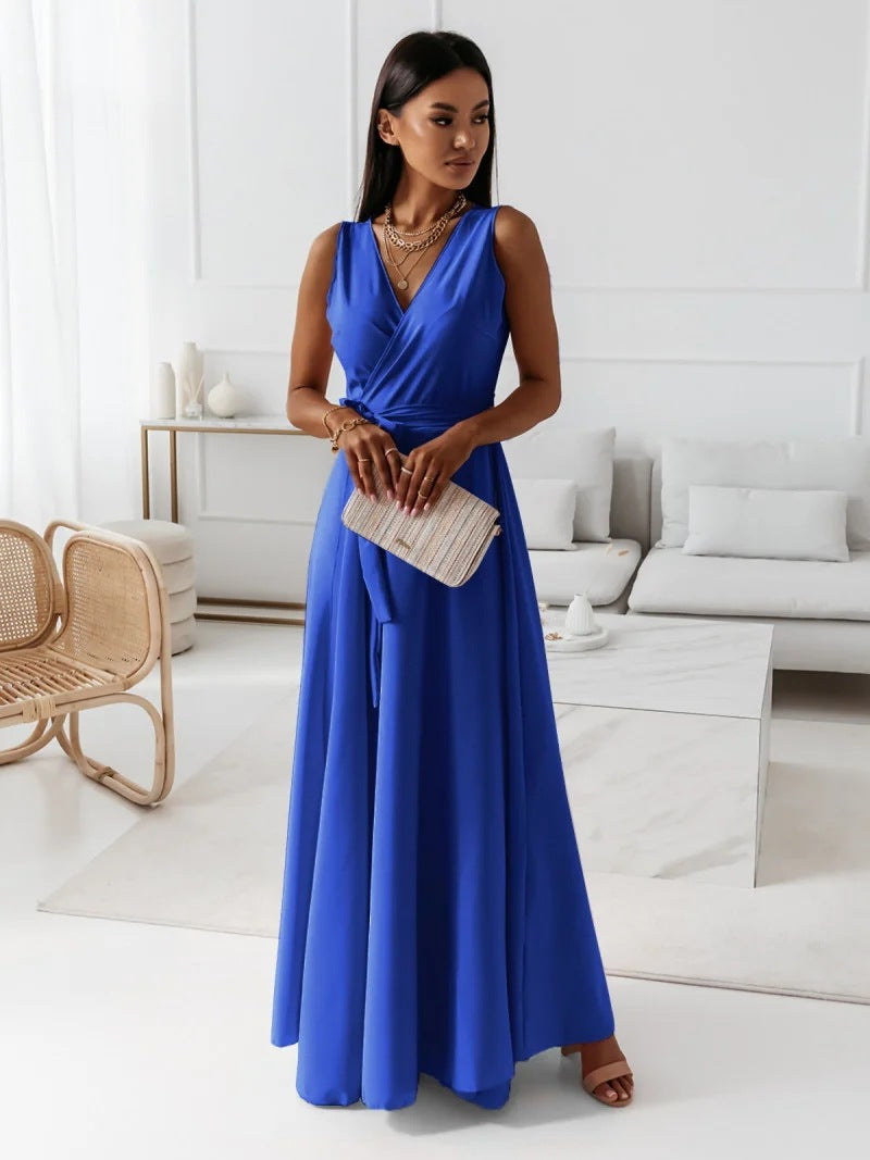 Effen dames maxi-jurk met diepe V-hals en elegant design