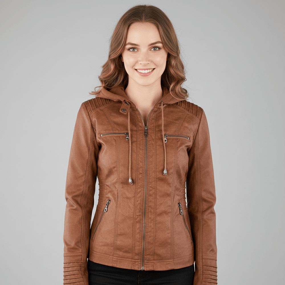 Leren damesjas met capuchon in stijlvolle en comfortabele uitvoering