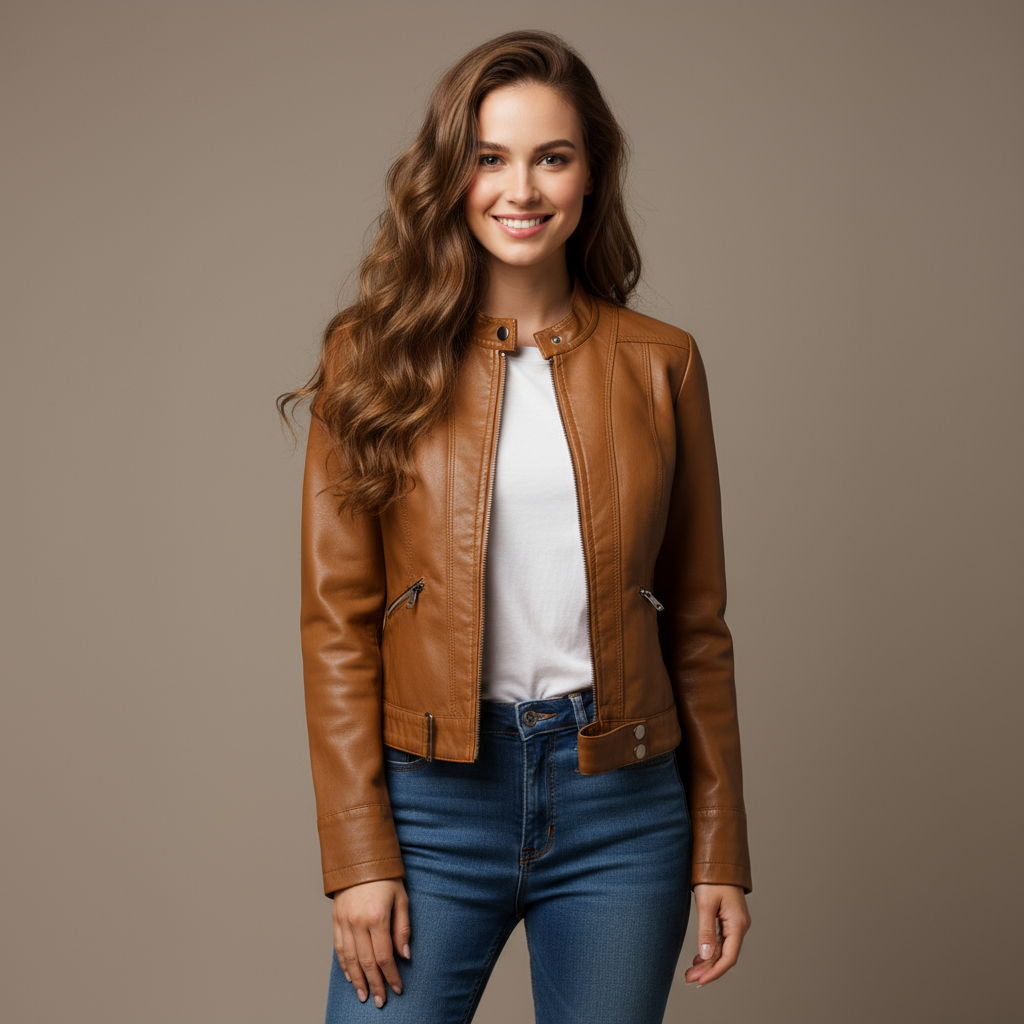 Klassiek leren damesjack met perfecte pasvorm en luxe afwerking