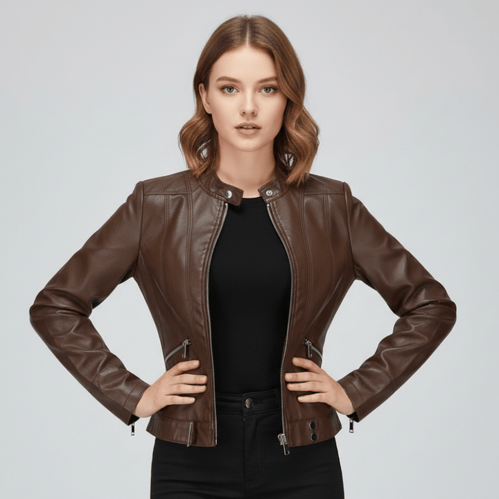 Klassiek leren damesjack met perfecte pasvorm en luxe afwerking