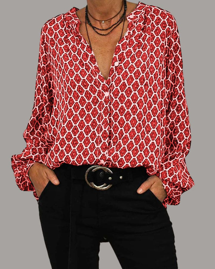 Damesblouse met geometrische print en vrouwelijke V-hals